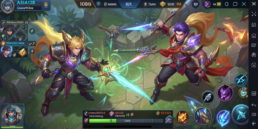 Screenshot gameplay ASIA128 dengan karakter bertarung di arena.