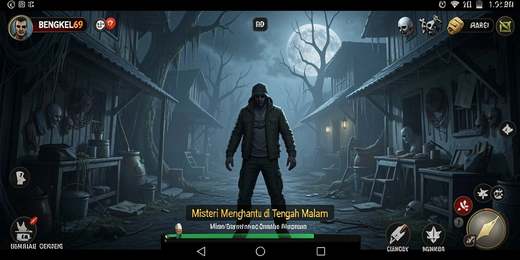 Screenshot utama gameplay BENGKEL69 menampilkan suasana horor yang mencekam.