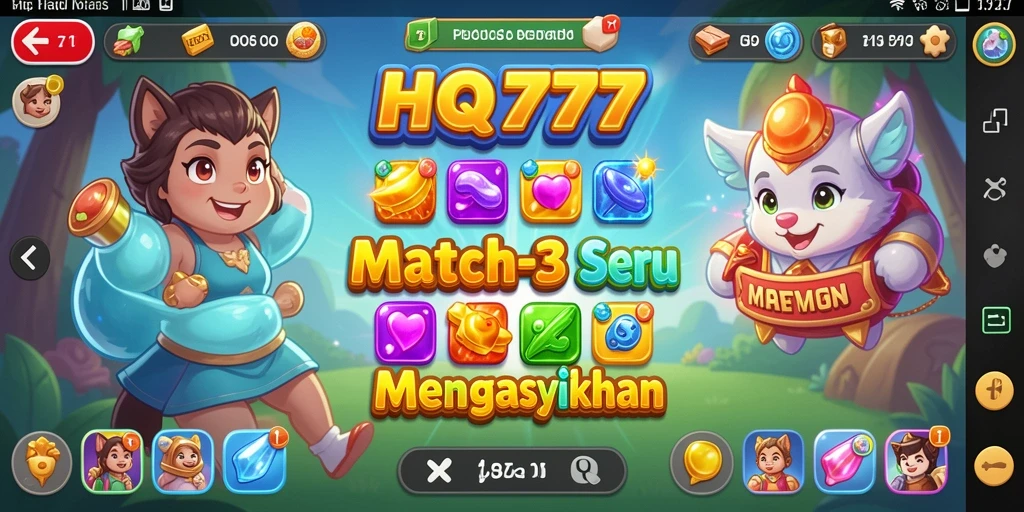 Screenshot HQ777 menunjukkan aksi mencocokkan permata yang seru dalam permainan Match-3.