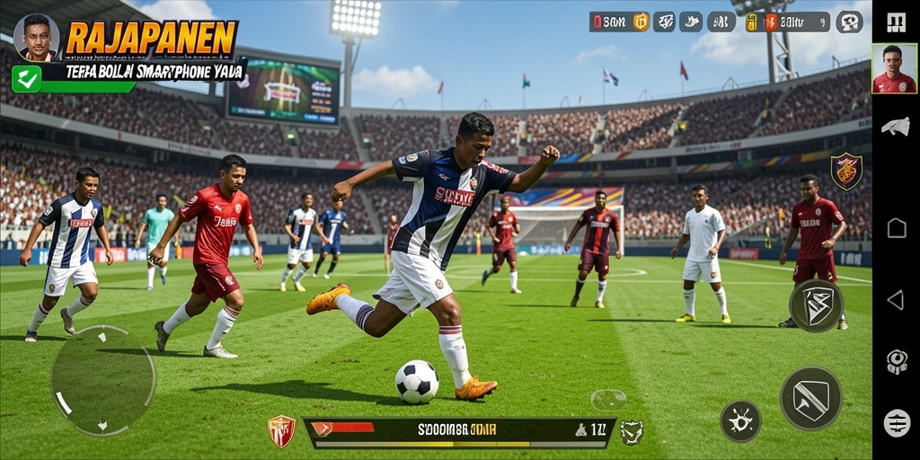 Screenshot gameplay RAJAPANEN menampilkan aksi mendebarkan di lapangan sepak bola.
